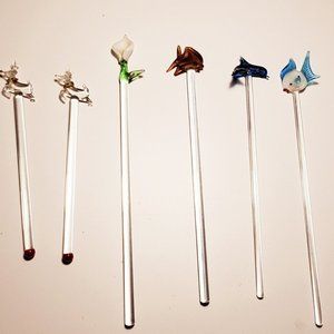 6 Vintage swizzle sticks glass 2 Reindeer 1 Flower 3 Fish